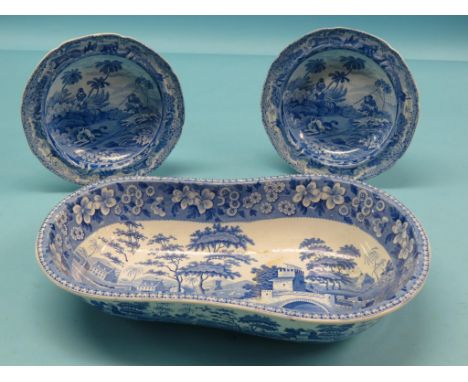 Early 19th century blue-printed Spode, bidet with a fishing and bridge pattern, 18.5in., pair of dessert dishes, fox-hunting 