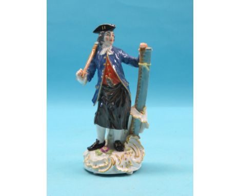 A Meissen porcelain figure, male woodsman with axe and pit-saw, painted mark in underglaze blue, 9in. - saw-handles incomplet