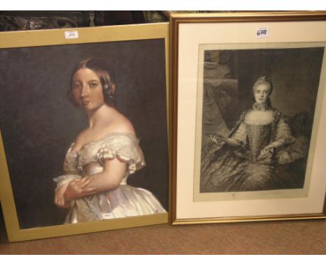 An oil on canvas - copy of a half-length portrait of a young Queen Victoria, unsigned, 26 x 22in., and a monochrome engraving