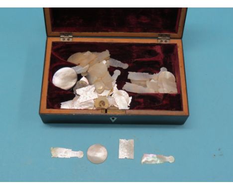 Mother of pearl gaming counters, approx. 30 fish-shape, others circular and rectangular, all engraved, many damaged