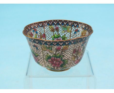 A Chinese plique a jour enamel bowl, lobed circular form with translucent coloured enamels in floral design, 4in. diameter
