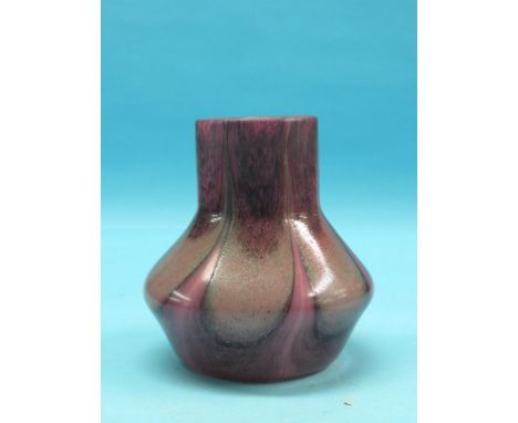 A Vasart coloured glass vase, bulbous form in amethyst, green and black, maker's label removed, 7.5in. 