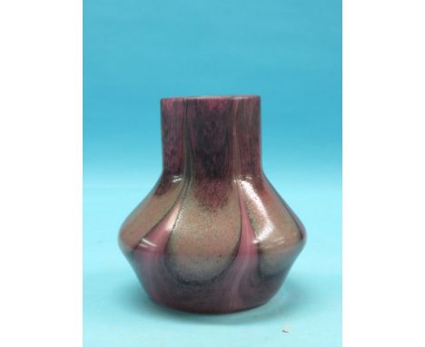 A Vasart coloured glass vase, bulbous form in amethyst, green and black, maker's label removed, 7.5in. 