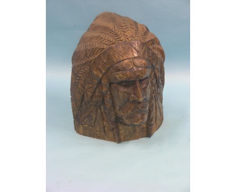 A wood portrait bust, named Cochise, carved from the solid, 20in. high - label verso