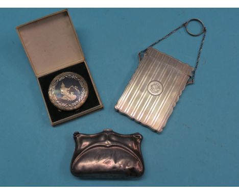 An engraved silver card case, Chester 1914, monogrammed, together with a silver purse, personalised, and an Eastern silver co