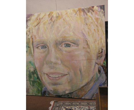 Sandra Shashou - large, modern oil on canvas, stylised portrait of a boy, dated 2006, 5ft. square