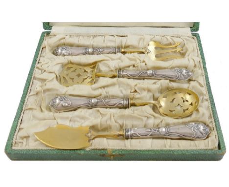 A French silver and gilt metal serving suite, circa 1900, bearing weevil control marks, comprising; butter knife, pastry slic