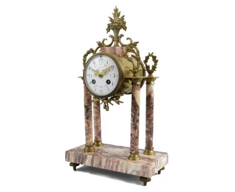 A French marble and ormolu portico mantle clock, the white enamel dial with Arabic numerals, the movement stamped JS, France 