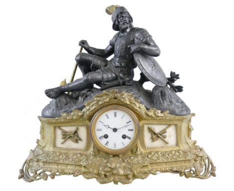 A French gilt and bronzed spelter figural mantle clock, the white dial with Roman numerals, the Japy Freres movement numbered