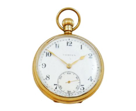 Vertex - a 9ct rose gold open face keyless wind pocket watch, the case by Dennison, Birmingham 1932, the white enamel dial wi