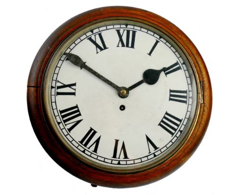A Victorian single fusee wall clock, the white enamel dial with Roman numerals, oak case, key, pendulum, diameter of dial 30 