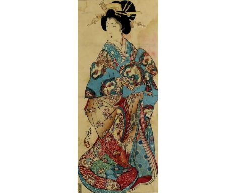 Nobukazu (1874 - 1944), a Japanese wood block print, depicting a courtesan with the dragon Obi, hand tinted, signed, 51 x 22 