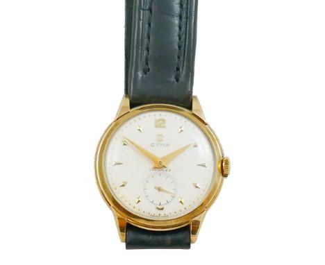 Cyma - a 9ct gold Cymaflex gentleman's manual wind wristwatch, London 1953, the white dial with baton markings, subsidiary se