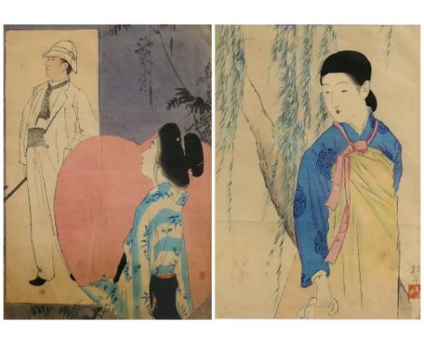 Kiyokata Kaburagi (1878 - 1972), a Japanese wood block print, depicting  a Daydreaming Beauty, hand tinted, signed, 29 x 22 c