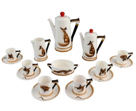 A Royal Doulton coffee set, in the 'Reynard the Fox' pattern, first version H4927, comprising large and small coffee pots, cr