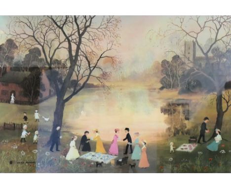 Helen Bradley (1900 - 1976), "Our Picnic", colour print, Guild stamped, signed in pencil by the artist, 40 x 59 cm, pine fram