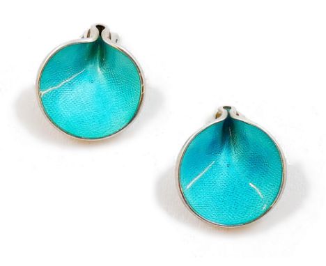 Einar Modahl - a Norwegian silver and enamel pair of ear clips, of circular form with turquoise guilloche enamel decoration, 