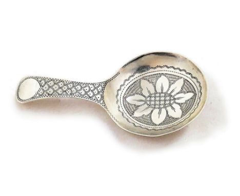 A George III silver bright cut caddy spoon, by Joseph Willmore, Birmingham 1809, the bowl engraved with a flower head, the ha