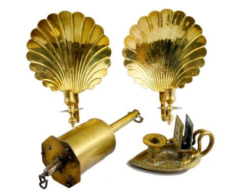 A Victorian brass roasting jack, of bottle shaped form with clockwork action and suspension ring 39cm high, a pair of brass w