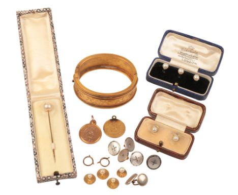 A 15CT GOLD HINGED BANGLEtogether with a pair of pearl shirt studs; a set of three pearl shirt studs; a faux pearl stick pin;