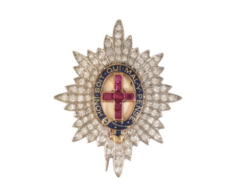 AN ANTIQUE RUBY AND DIAMOND ORDER OF THE GARTER BROOCHin platinum, set throughout with single-cut diamonds, applied garter mo