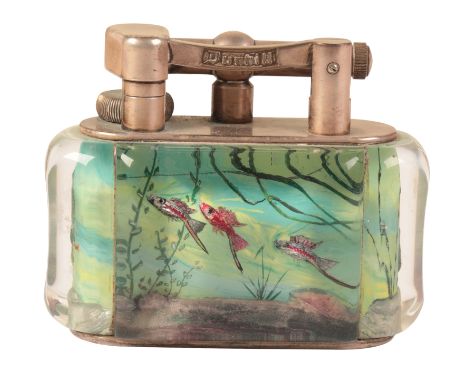 A RARE DUNHILL AQUARIUM HALF-GIANT LIGHTER circa 1950's, of curved rectangular form, the hand-carved perspex body with a gree
