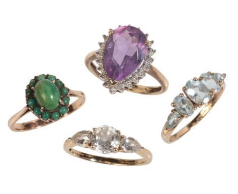 FOUR GEM-SET RINGSincluding an amethyst and diamond cocktail ring; an aquamarine five stone ring; a green hardstone cluster r