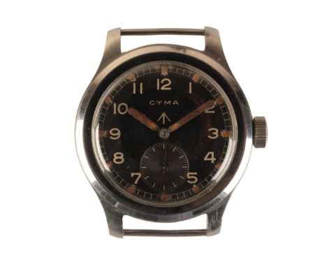 CYMA MILITARY: A GENTLEMAN'S STAINLESS STEEL WRISTWATCHwith manual wind movement, the black dial with white Arabic numerals, 