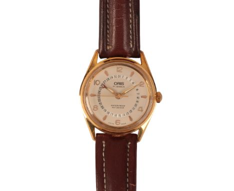 ORIS: A GENTLEMAN'S GOLD-PLATED CALENDAR WRISTWATCHwith manual wind movement, the champagne dial with gold Arabic and baton n