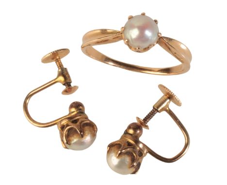 A PEARL RING AND EARRINGS SUITEin 14ct gold, the ring set with a cultured pearl of c.5.9mm held in a claw setting to a stylis