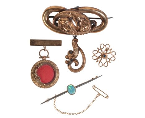 FOUR BROOCHESincluding an opal bar brooch; an openwork sapphire brooch; a scrolled floral brooch; and a ruby and peal fob bro
