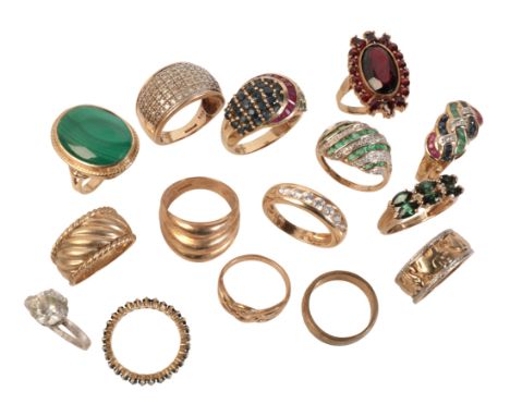 A COLLECTION OF GEM-SET AND GOLD RINGSin 9ct gold, including a malachite dress ring, an emerald and diamond dress ring, a gar