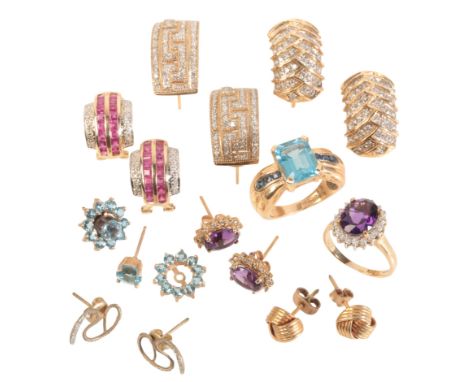 A COLLECTION OF GEM-SET RINGS AND EARRINGSincluding an amethyst and diamond cluster ring in 9ct gold; together with matching 