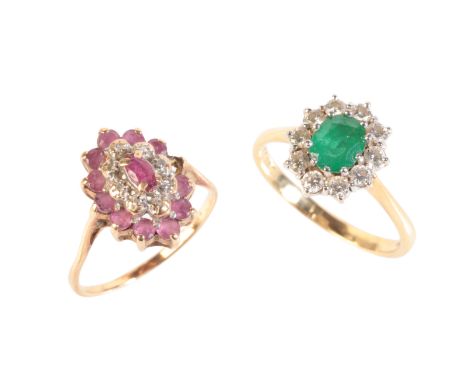 TWO GEM-SET CLUSTER RINGSincluding an emerald and diamond cluster ring in 18ct gold, set with an oval-cut emerald of c.0.52 c