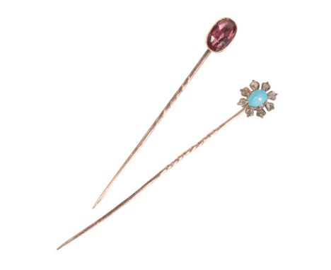 TWO ANTIQUE GEM-SET STICK PINSincluding a turquoise and diamond cluster stick pin, set with a Persian turquoise cabochon in a