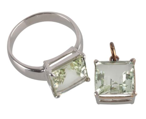 A GREEN BERYL RING AND PENDANT SUITEin 18ct white gold, the ring set with a square step-cut green beryl of c.3.35 carats, hel