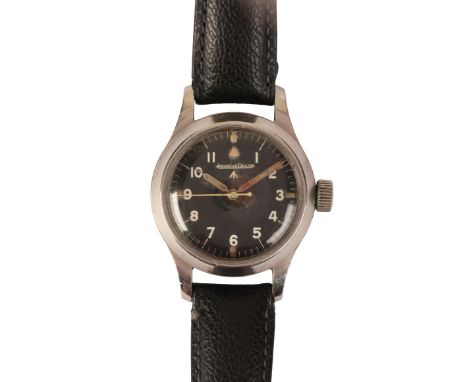 JAEGER-LeCOULTRE: A GENTLEMAN'S MILITARY STAINLESS STEEL WRISTWATCHwith manual wind movement, the black dial with white Arabi