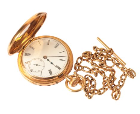 J.W. BENSON, LONDON: AN 18CT GOLD HALF HUNTER POCKET WATCHwith keyless wind movement and strike mechanism, the white enamel d