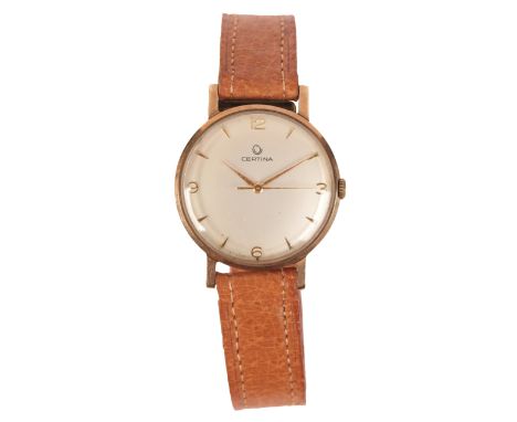 CERTINA: A GENTLEMAN'S 9CT GOLD  WRISTWATCHwith manual wind movement, the silver dial with gold Arabic and baton numerals and