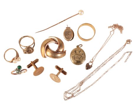 A COLLECTION OF JEWELLERYincluding a pearl stick pin; a stylised knot ring; a green and white paste toi-et-moi ring; a stylis