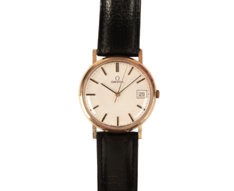 OMEGA: A GENTLEMAN'S 9CT GOLD WRISTWATCHwith manual wind movement, the circular silver dial with gold and black baton numeral