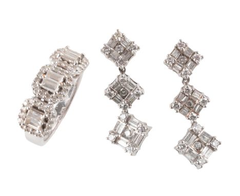A DIAMOND CLUSTER RING AND EARRINGS SUITEin 18ct white gold, the ring set with three clusters of baguette-cut and round brill