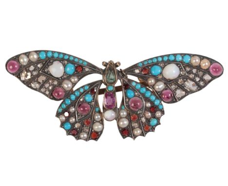 AN ANTIQUE GEM-SET BUTTERFLY BROOCHin silver on 9ct gold, the abdomen set with a pear-cut emerald, an oval-cut ruby and an op