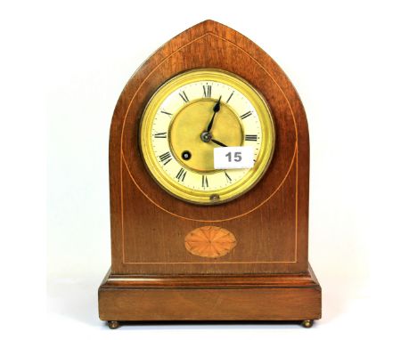 An Edwardian inlaid mahogany mantle clock, H. 30cm.