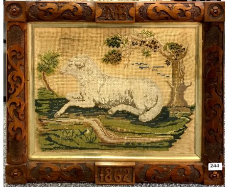 A fine mid 19th century rosewood framed tapestry of a resting sheep, 61 x 51cm.