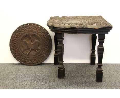 A rare 18th century carved hardwood wallpaper printing panel mounted as a table (40 x 40 x 40cm), together with a carved wood