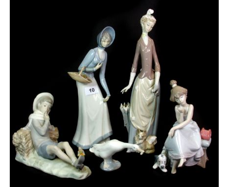 Four Lladro porcelain figures and one other figure, tallest H. 36cm, some A/F.
