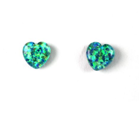 A pair of 925 silver mounted heart shaped opal triplets stud earrings.