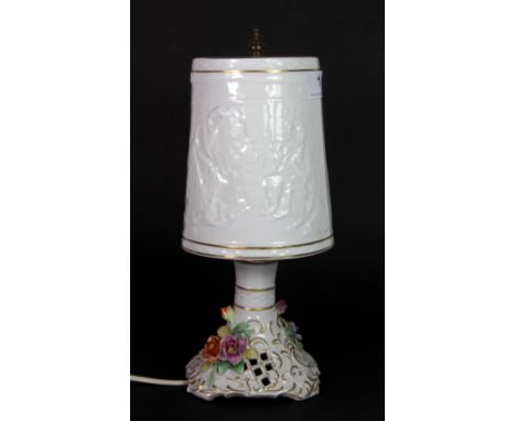 An interesting German porcelain table lamp with lithophane shade, H. 30cm.