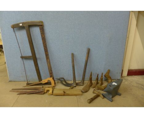 Assorted iron cobblers lasts and woodworking tools, clamp, etc. 
